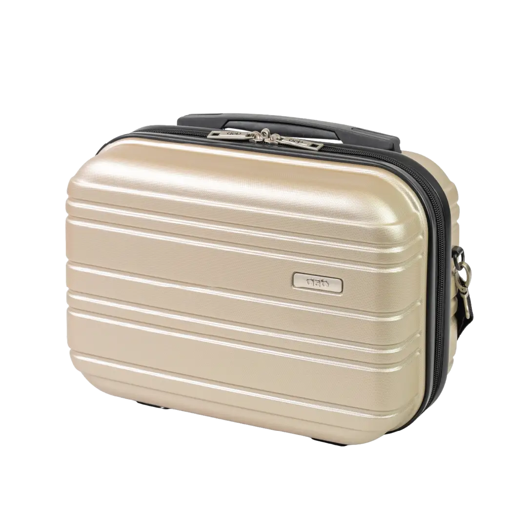 Beige travel case with black handle on a white background