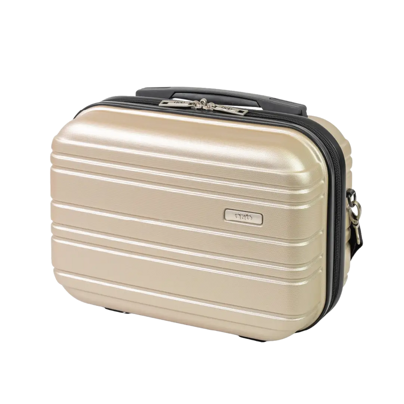 Beige travel case with black handle on a white background