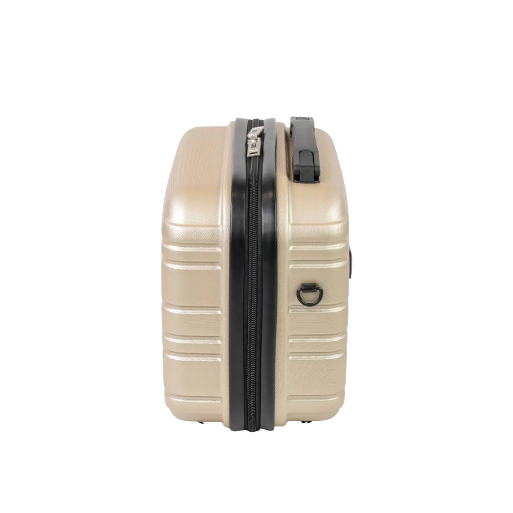 Beige suitcase with a black zipper on a white background