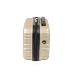 Beige suitcase with a black zipper on a white background