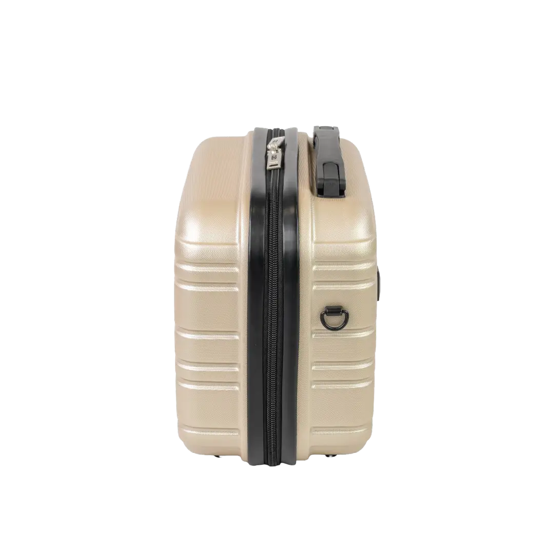 Beige suitcase with a black zipper on a white background