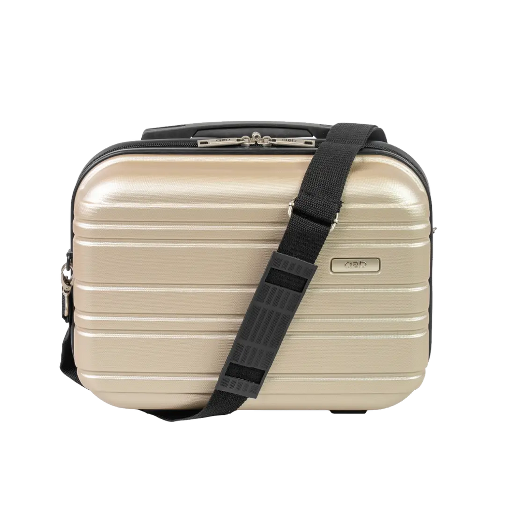 Beige suitcase with a black strap on a white background