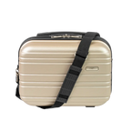 Beige suitcase with a black strap on a white background