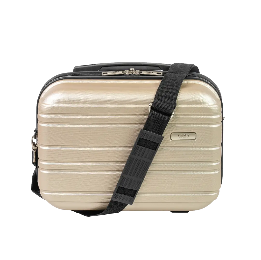 Beige suitcase with a black strap on a white background