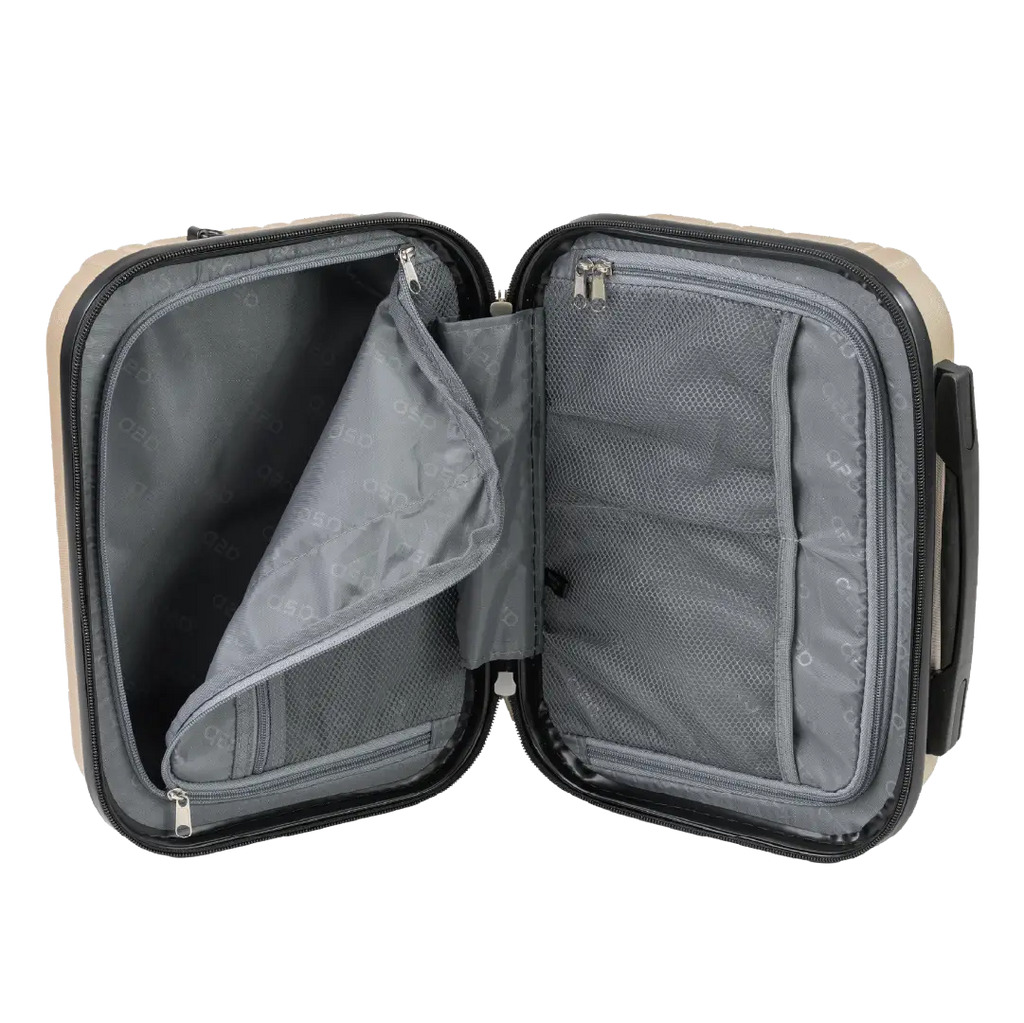 Open travel suitcase with gray interior on a white background