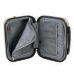 Open travel suitcase with gray interior on a white background