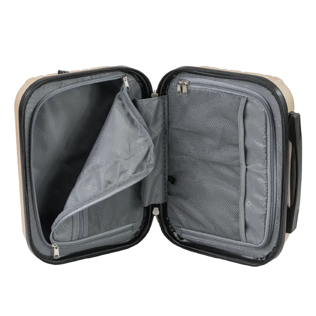 Open travel suitcase with gray interior on a white background