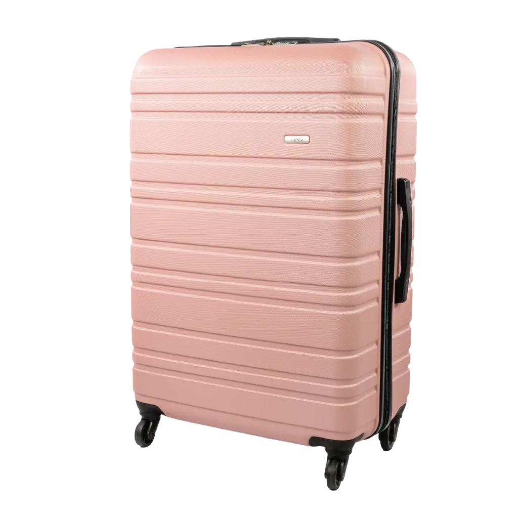 Pink suitcase with black wheels on a white background