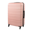 Pink suitcase with black wheels on a white background