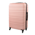 Pink suitcase with black wheels on a white background
