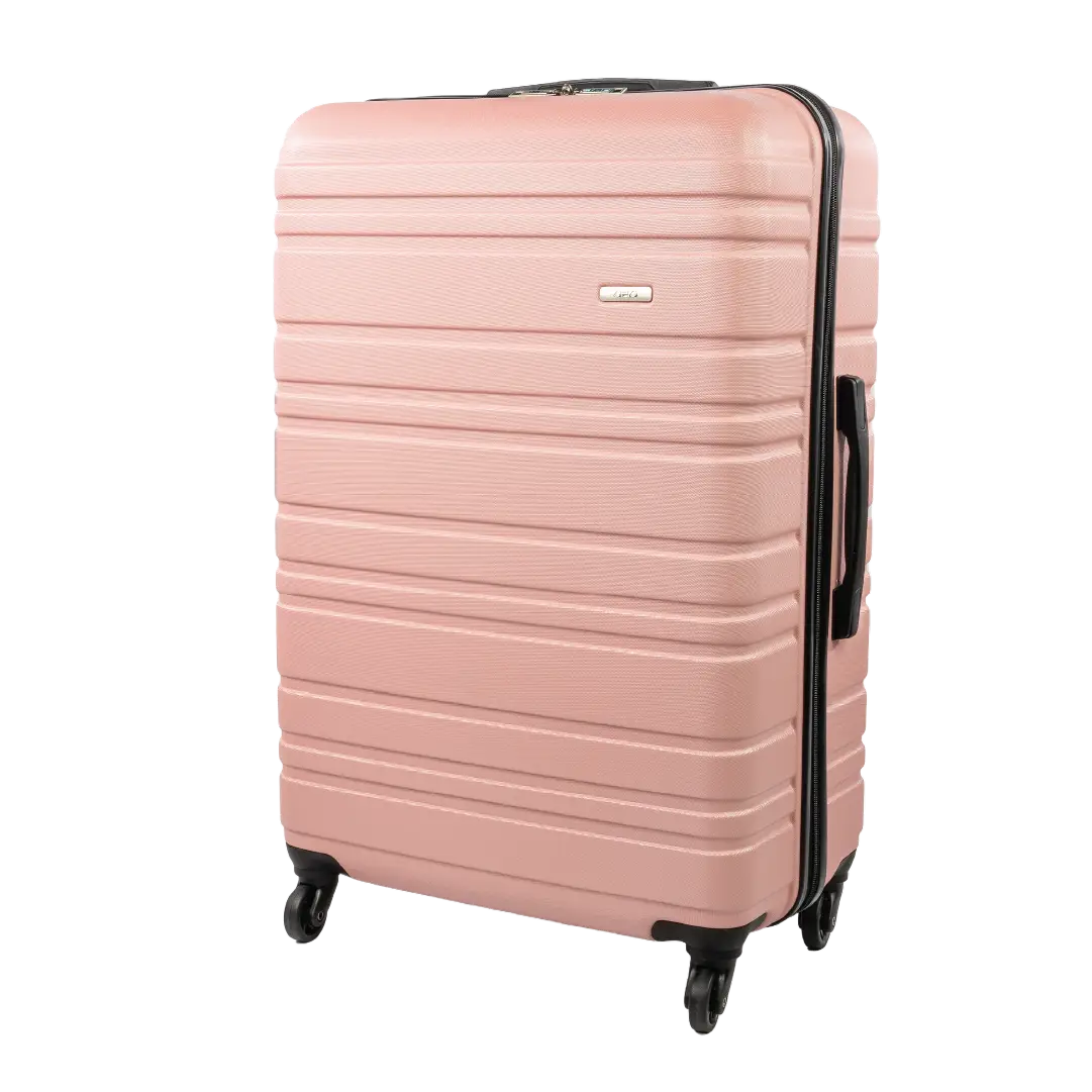 Pink suitcase with black wheels on a white background