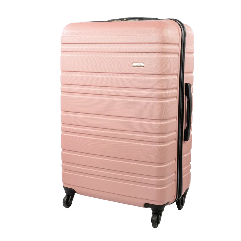 Pink suitcase with black wheels on a white background