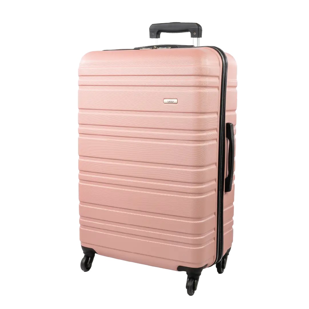 Pink suitcase with black handle and wheels on a white background