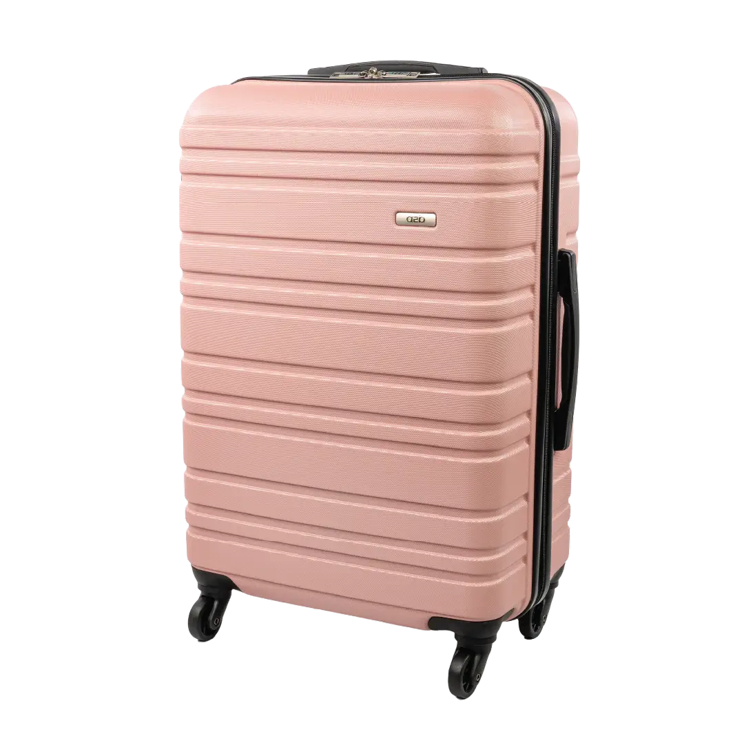 Pink suitcase with black handle and wheels on a white background