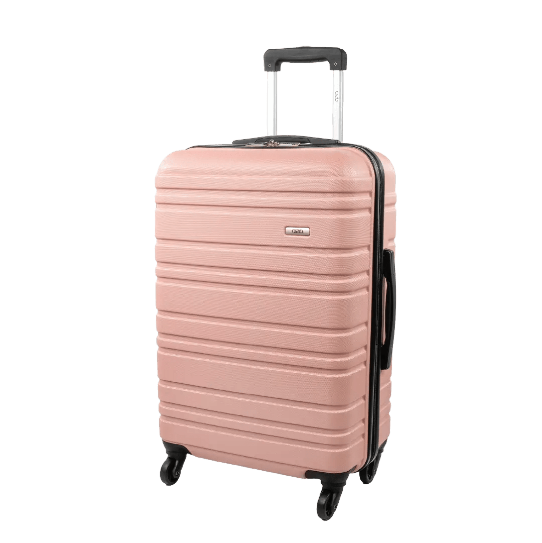 Pink suitcase with black wheels and handle on a white background