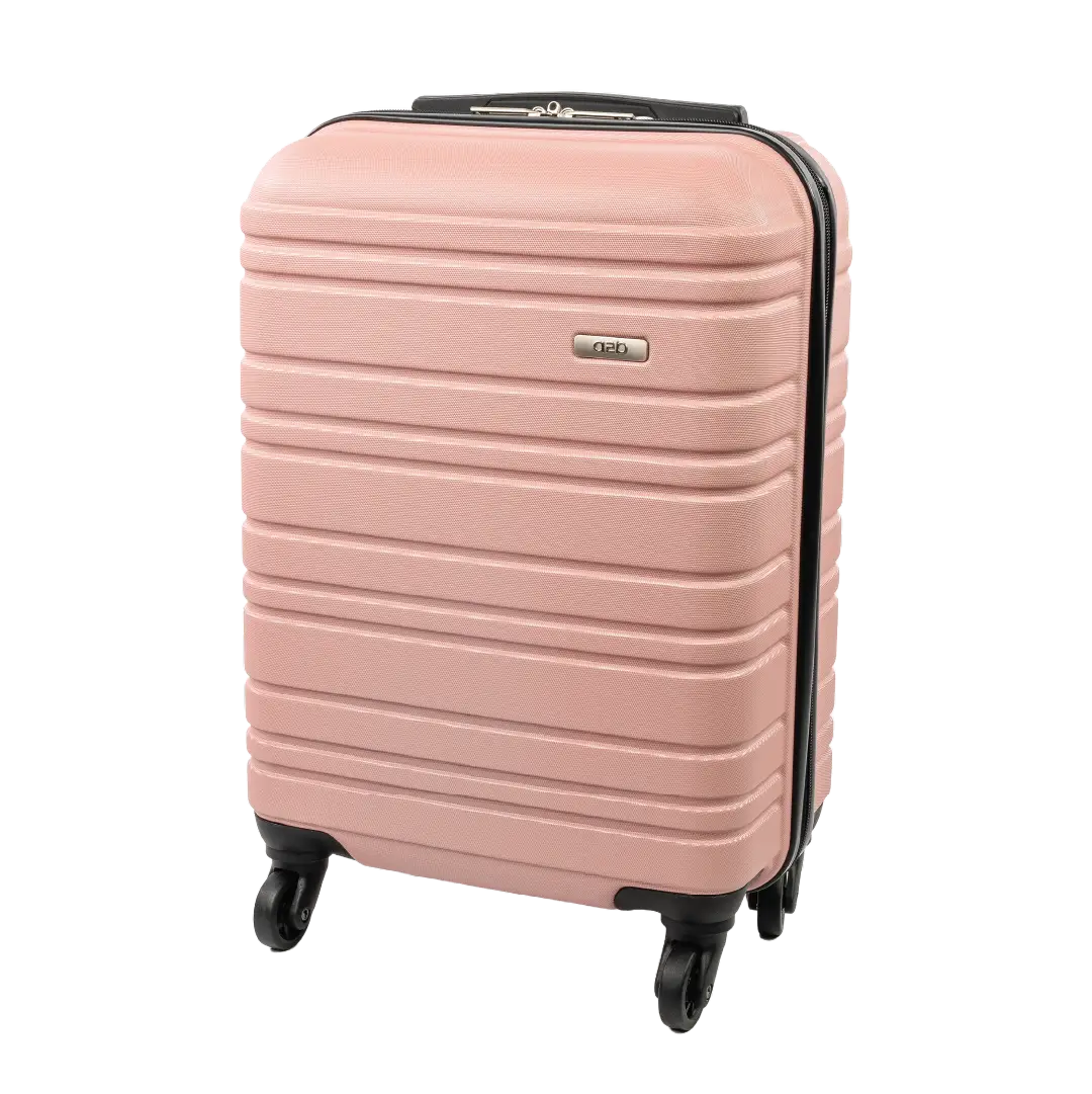 Pink suitcase with black wheels on a white background