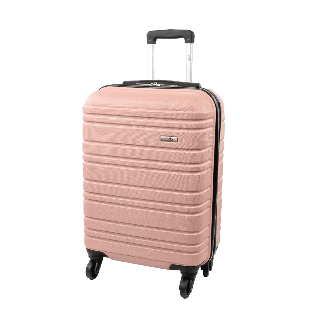 Pink suitcase with black wheels and handle on a white background
