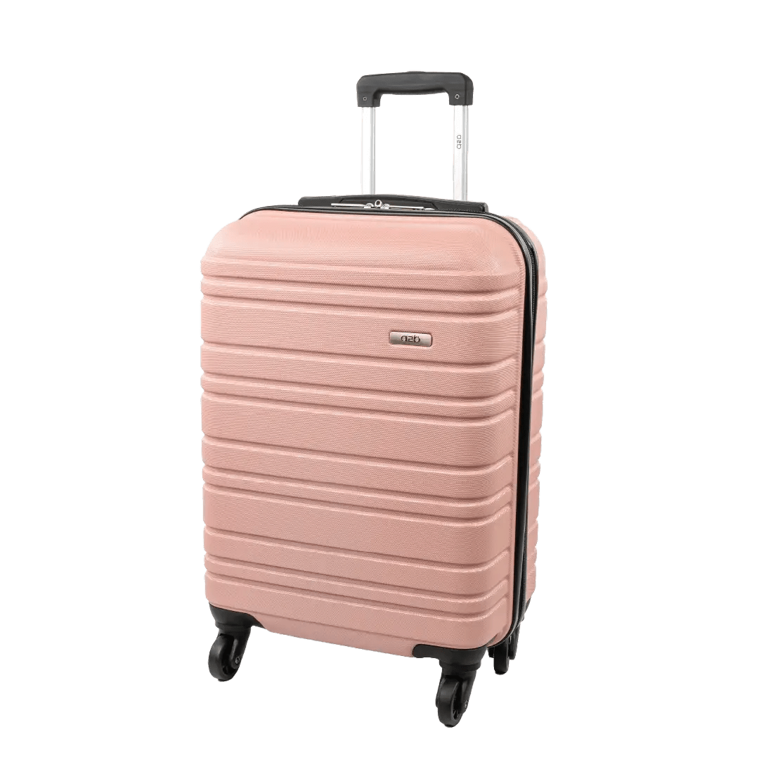 Pink suitcase with black wheels and handle on a white background