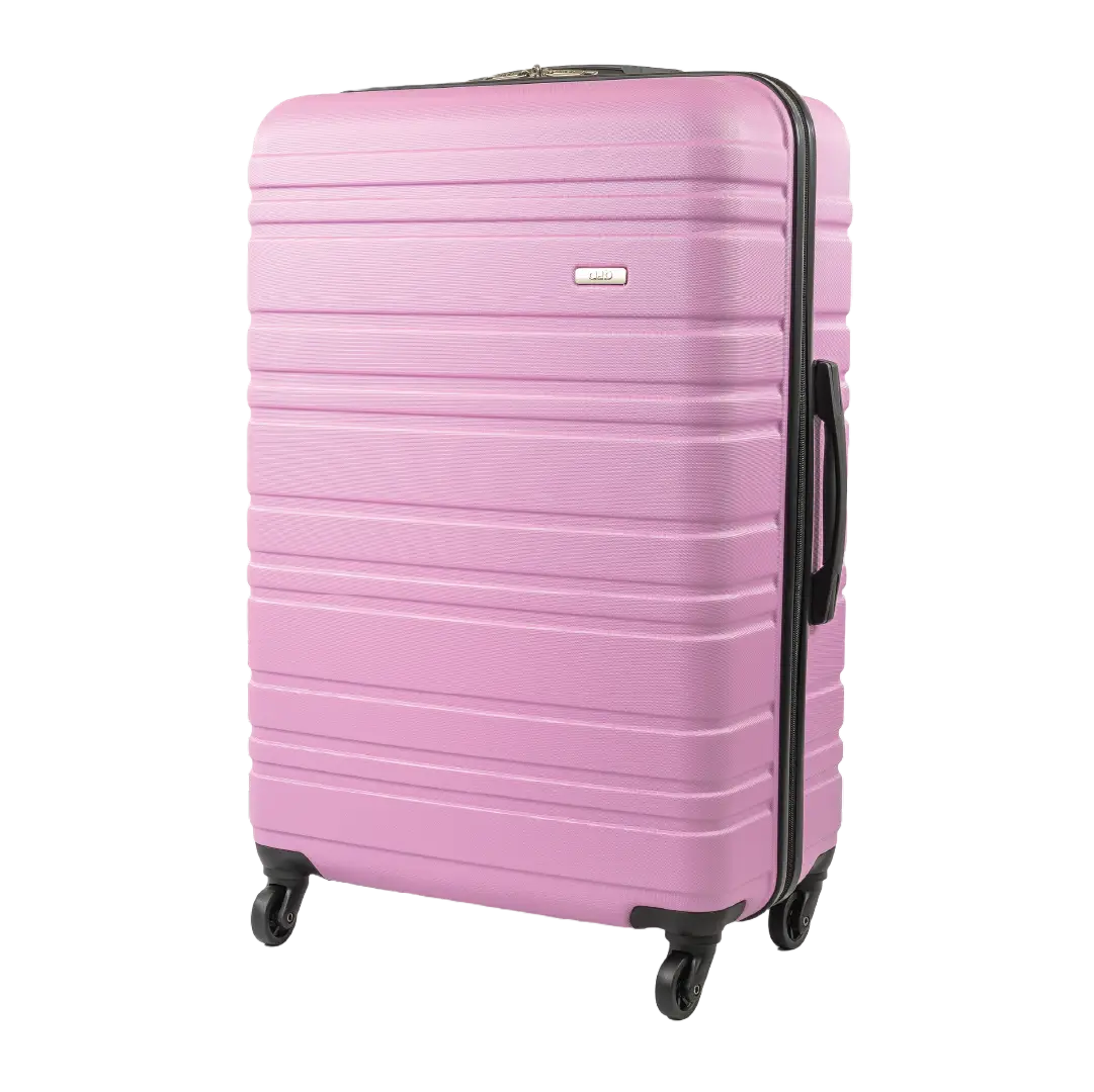 Pink suitcase with a black handle on a white background