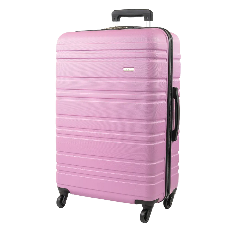 Pink suitcase with black handle and wheels on a white background