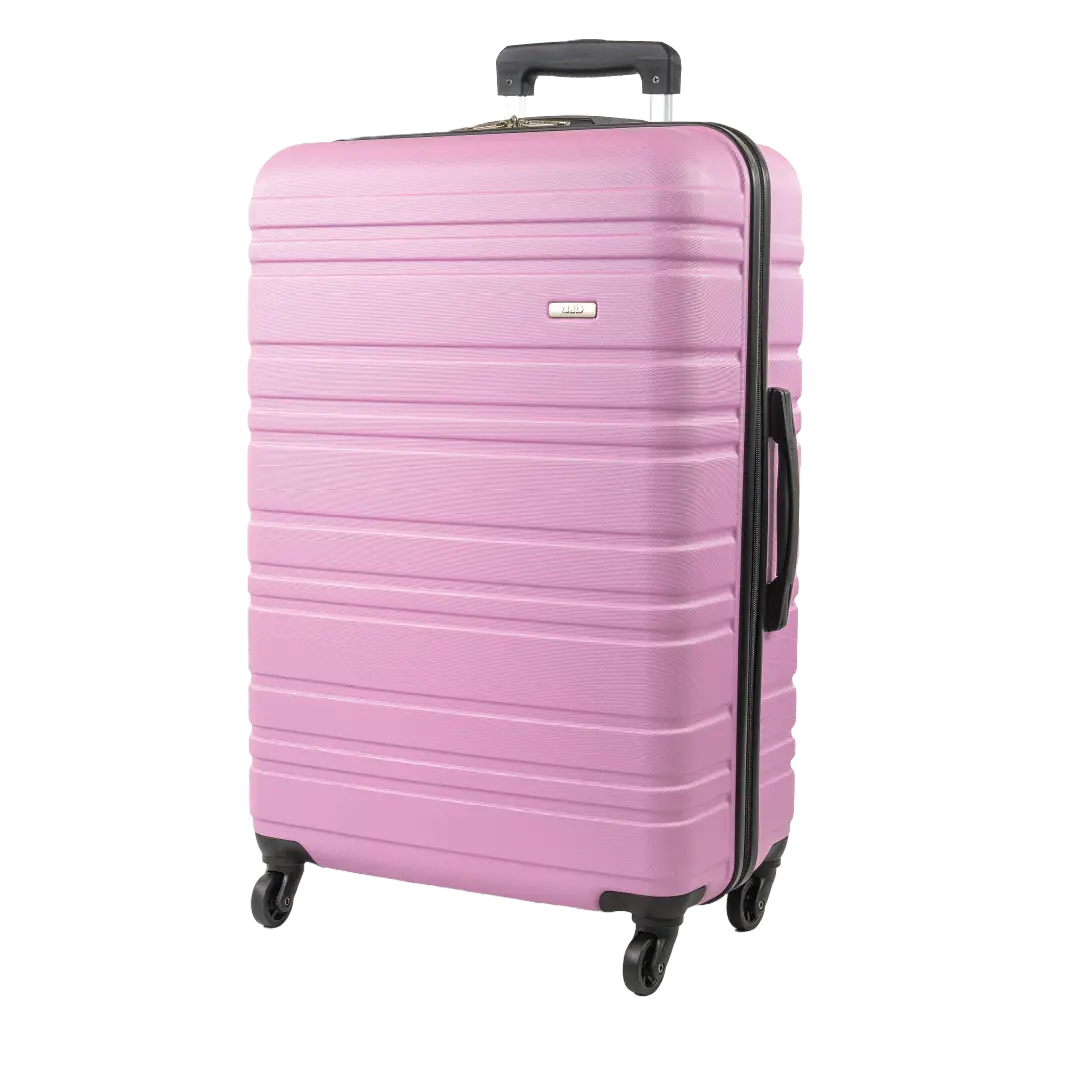Pink suitcase with black handle and wheels on a white background