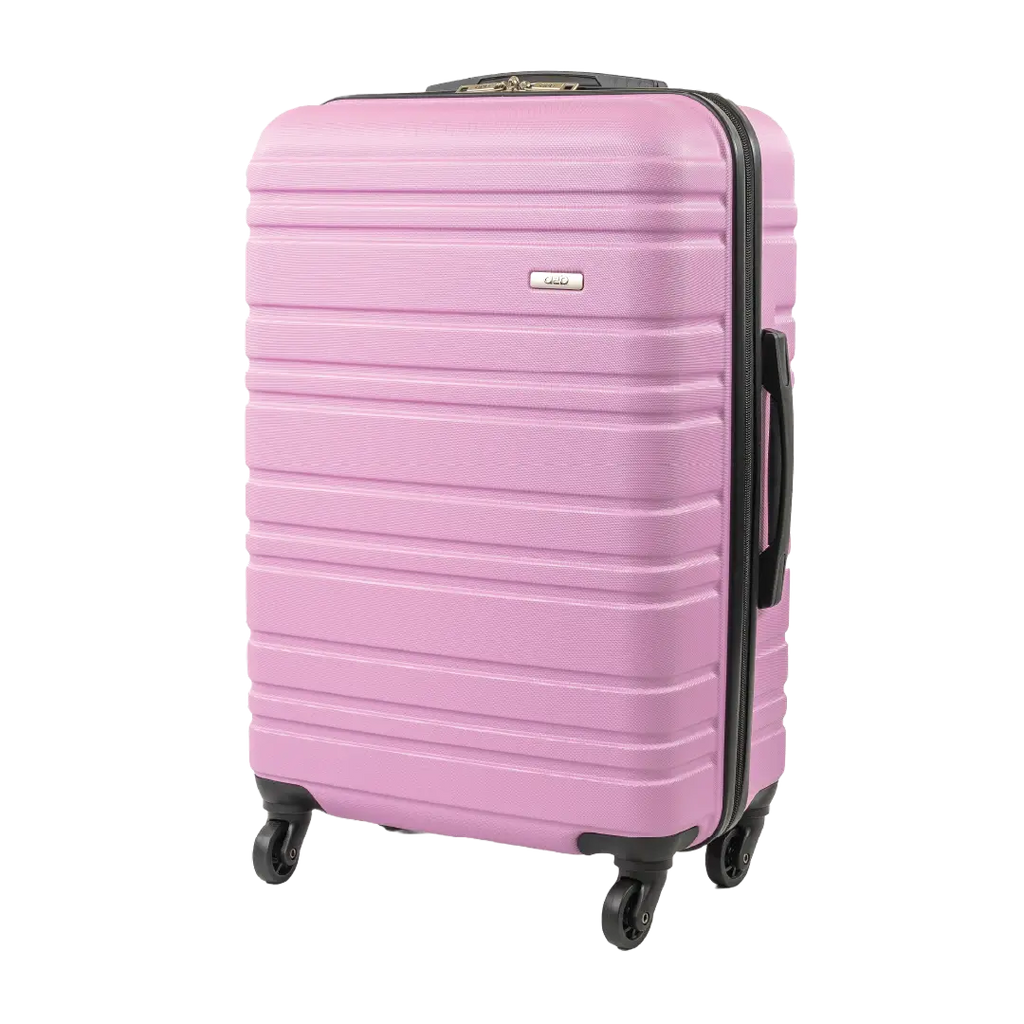 Pink suitcase with black handle and wheels on a white background