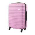 Pink suitcase with black handle and wheels on a white background