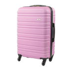 Pink suitcase with black handle and wheels on a white background