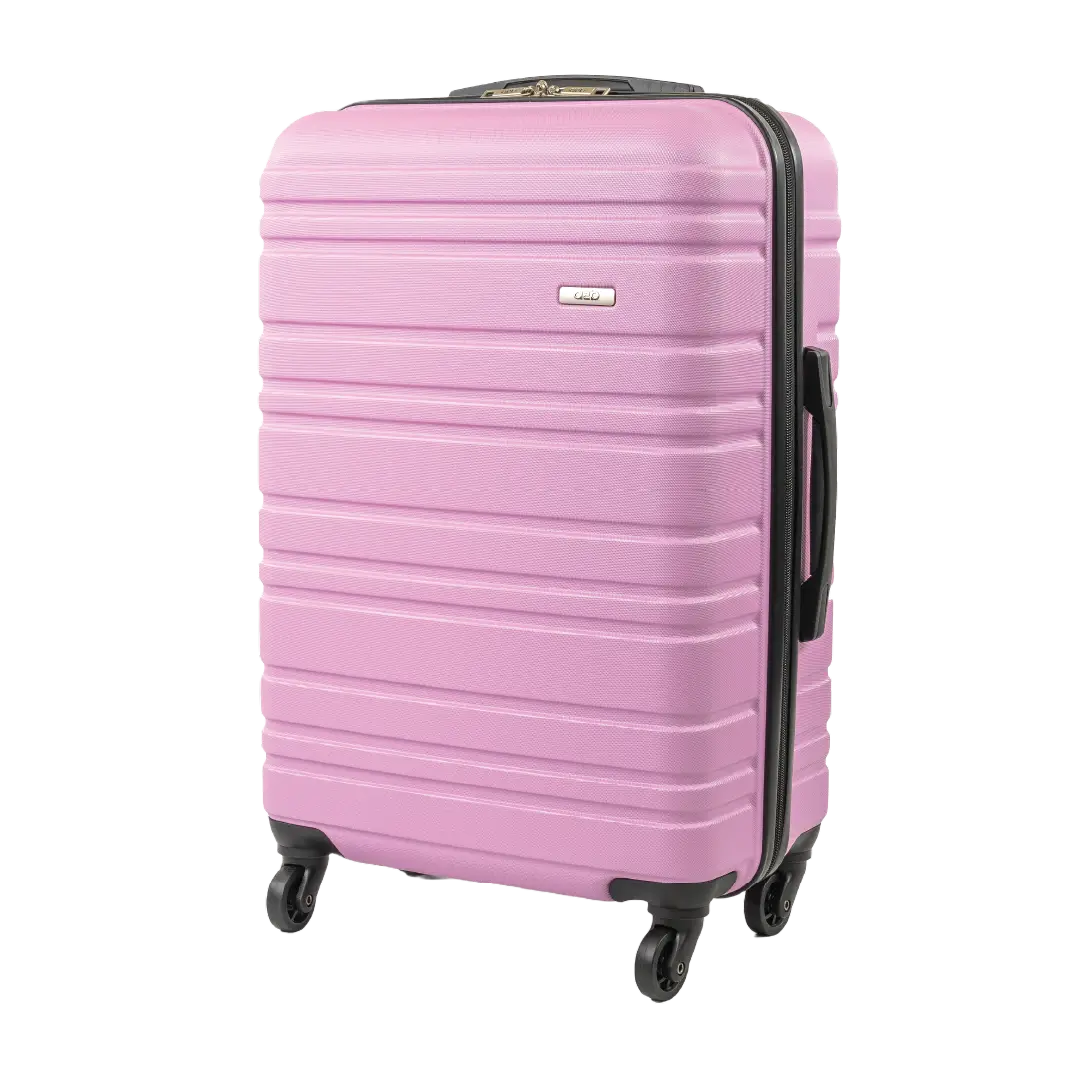 Pink suitcase with black handle and wheels on a white background