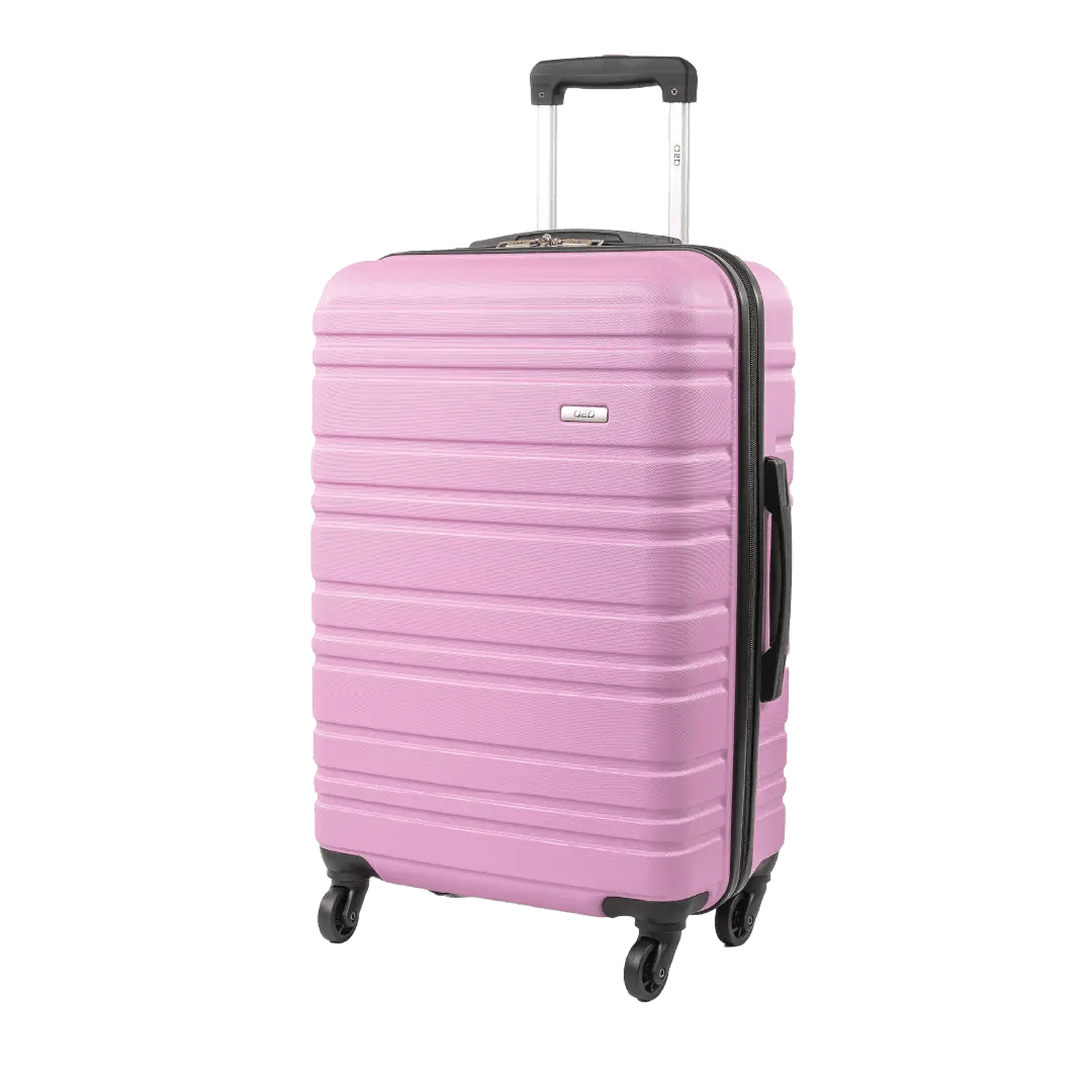 Pink suitcase with black wheels and handle on a white background