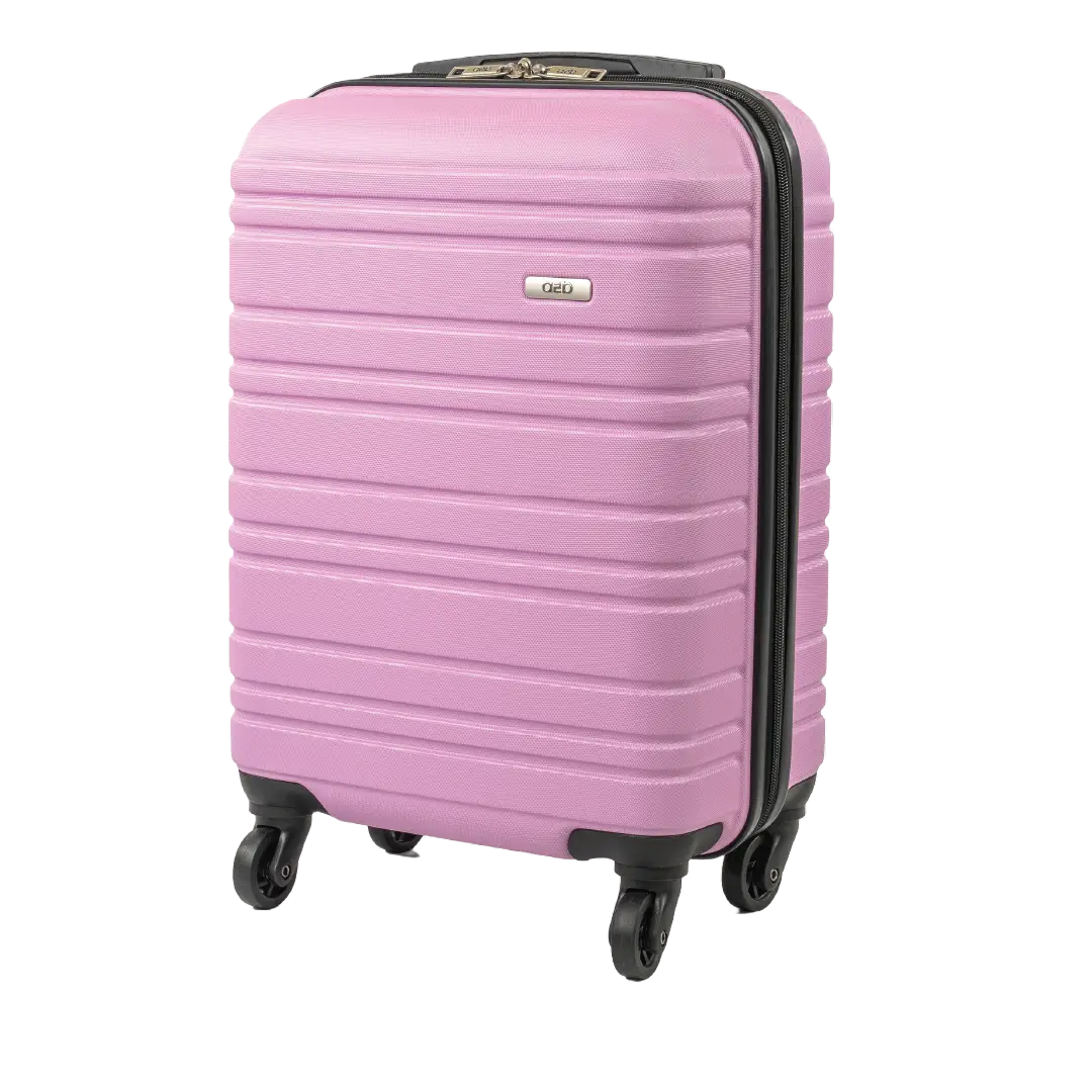 Pink suitcase with black wheels and handle on a white background