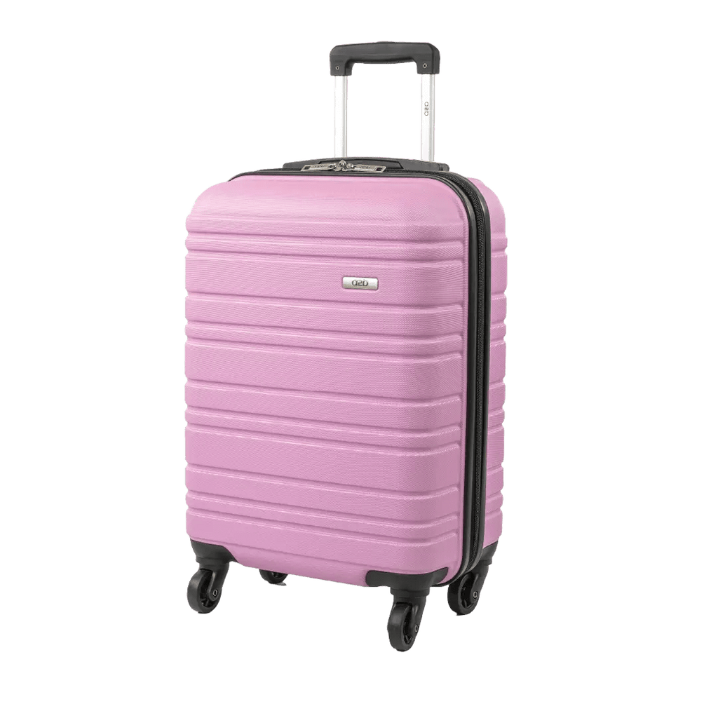 Pink suitcase with black wheels and handle on a white background