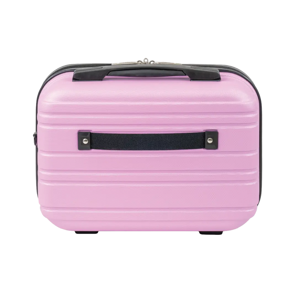 Pink suitcase with black handle and straps on a white background