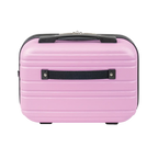 Pink suitcase with black handle and straps on a white background