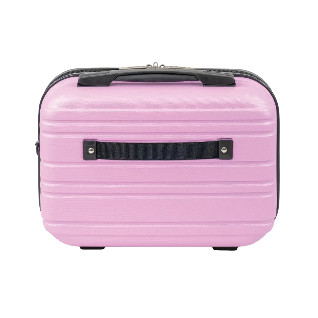 Pink suitcase with black handle and straps on a white background