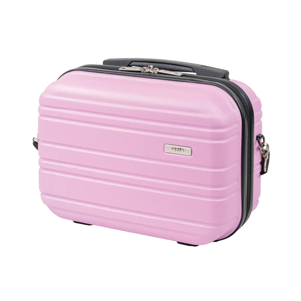 Pink suitcase with black handle and trim on a white background
