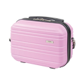 Pink suitcase with black handle and trim on a white background