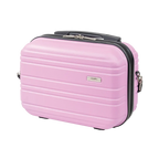 Pink suitcase with black handle and trim on a white background