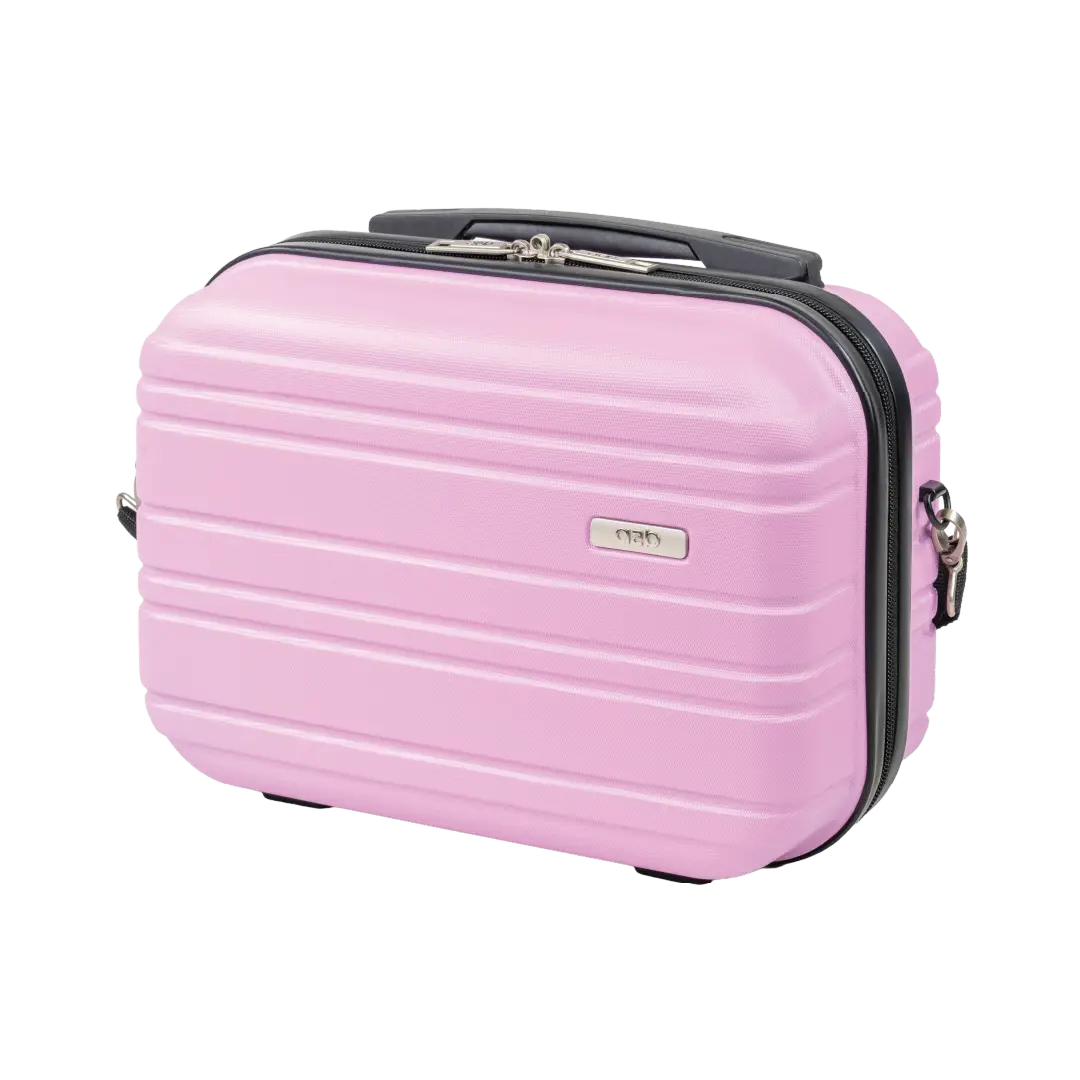 Pink suitcase with black handle and trim on a white background