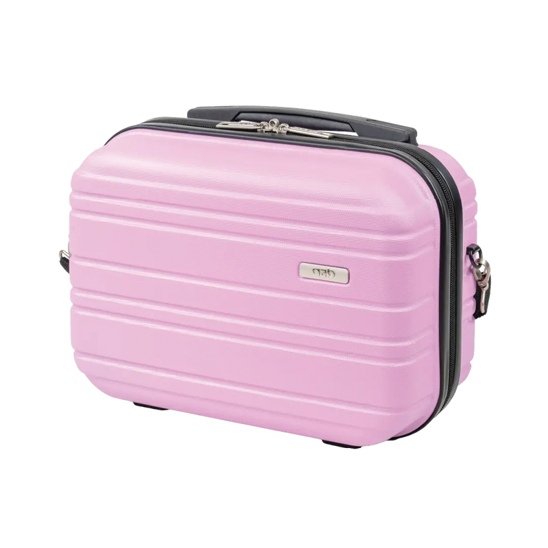 Pink suitcase with black handle and trim on a white background