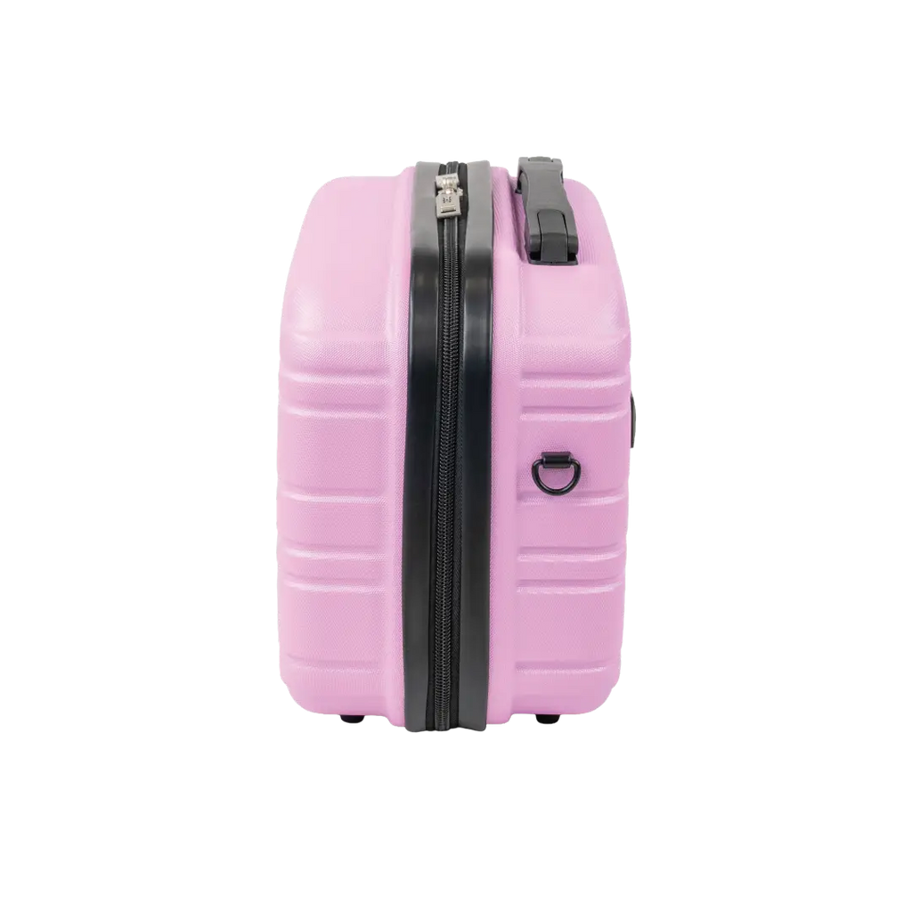 Pink suitcase with a black zipper on a white background