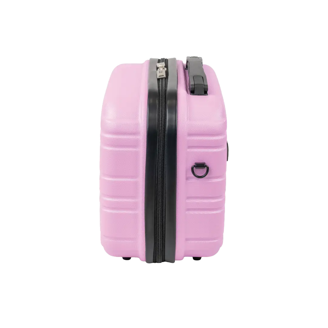 Pink suitcase with a black zipper on a white background