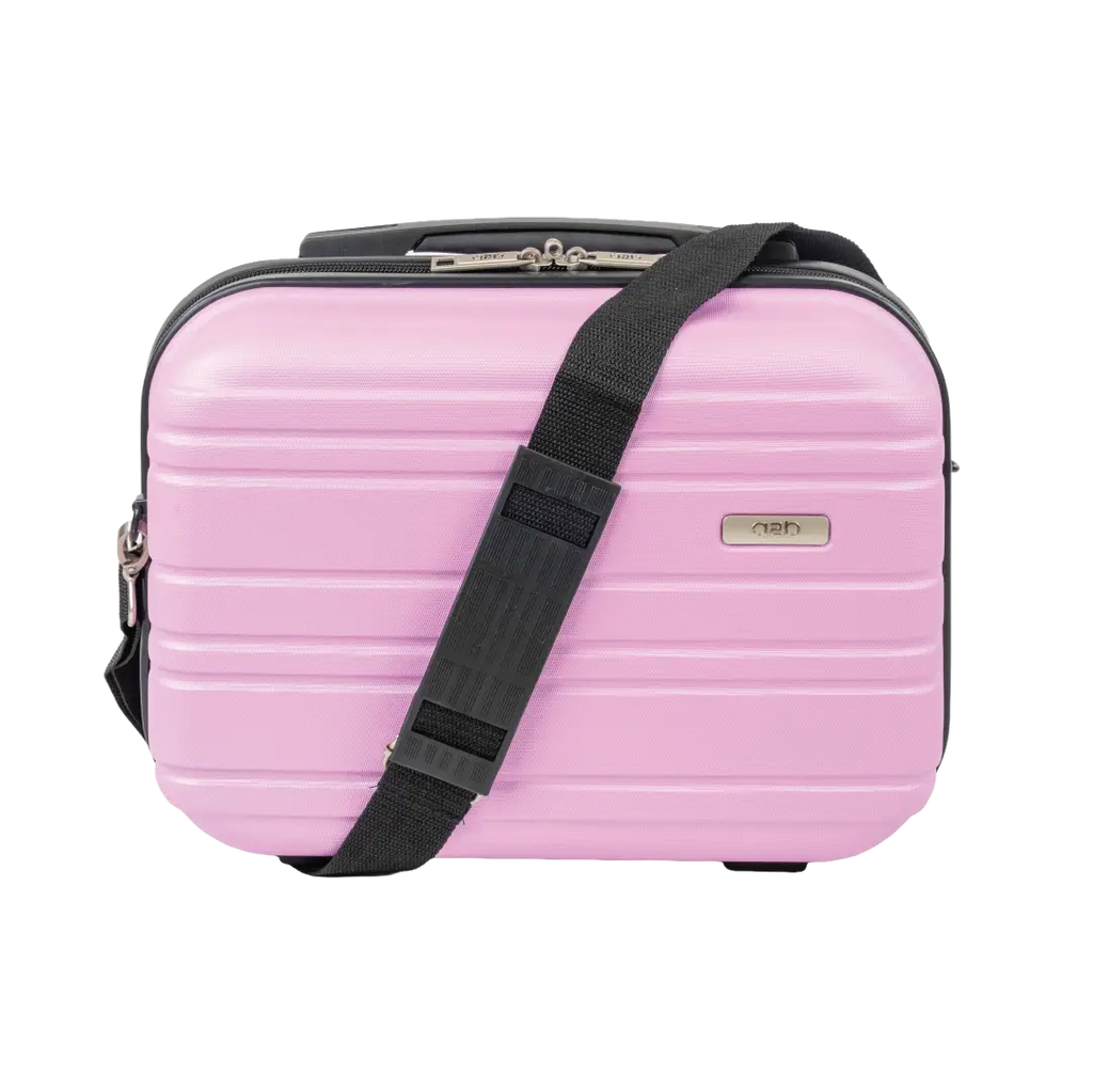 Pink suitcase with a black strap on a white background