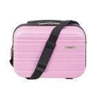 Pink suitcase with a black strap on a white background