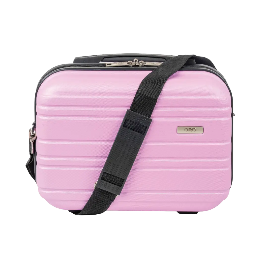 Pink suitcase with a black strap on a white background