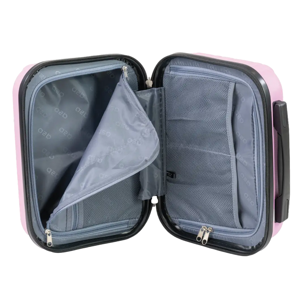 Open travel case with pink exterior and gray interior on a white background