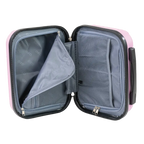 Open travel case with pink exterior and gray interior on a white background