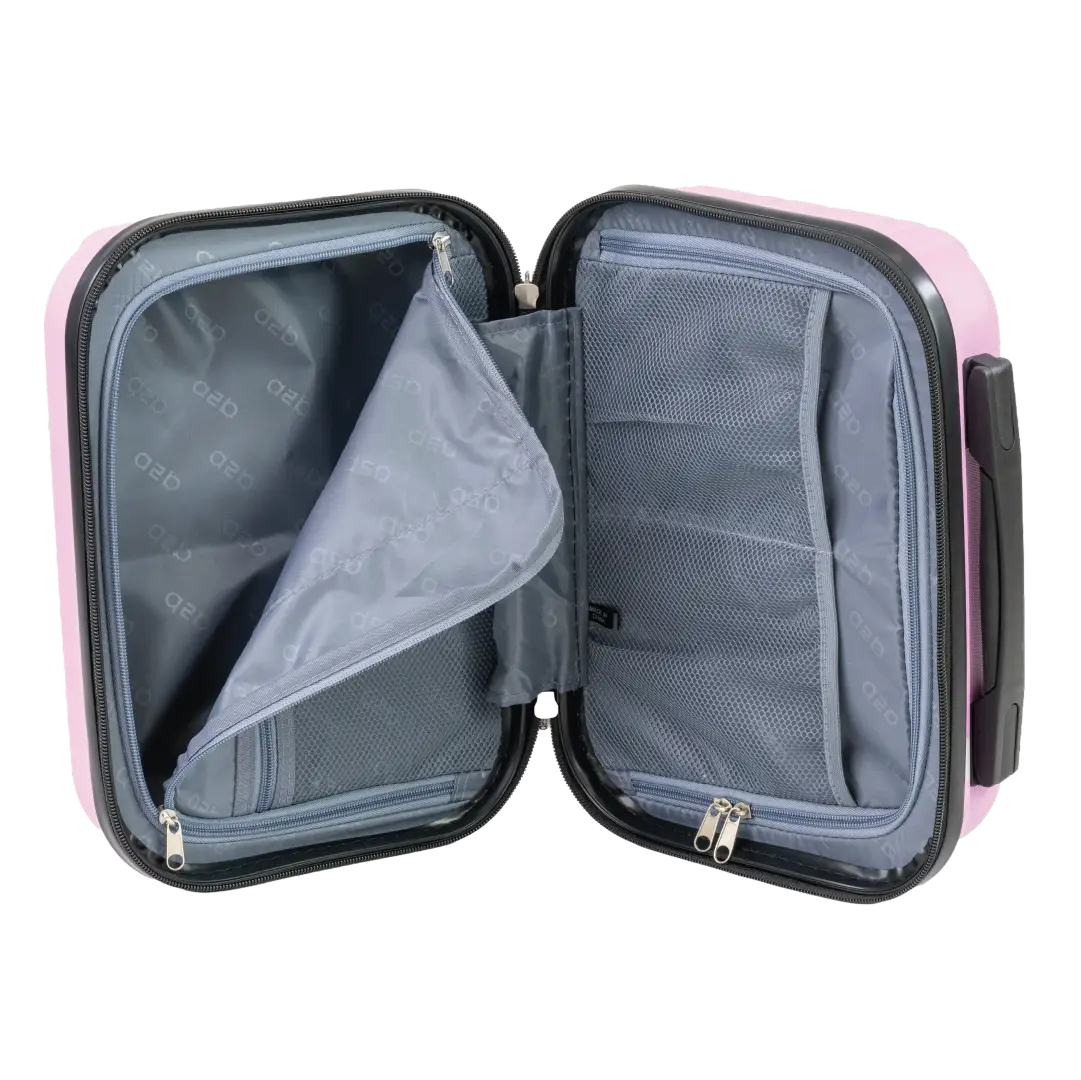 Open travel case with pink exterior and gray interior on a white background