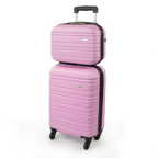 Pink suitcase set on a white background