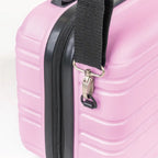 Pink suitcase with a black handle and zipper on a white background